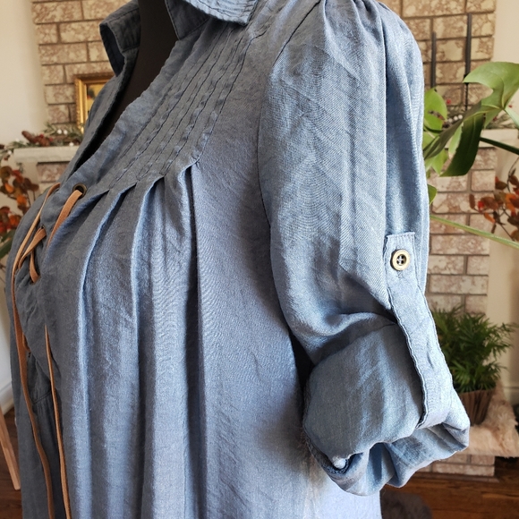 Western Look Long Tunic Top Jean Look With Sheen Loose Half Lace Fit Shirt S / M - Picture 2 of 10